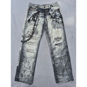 Decibel Mens Distressed Graphic Jeans 36x34 Punk Skull Chain Acid Wash Denim